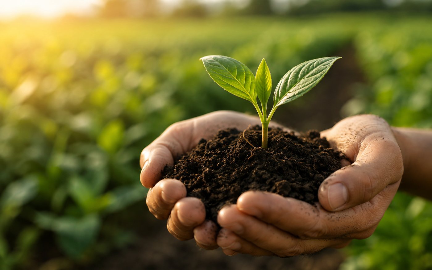 Farmer's hands holding soil with a young seedling, Indian farmland behind