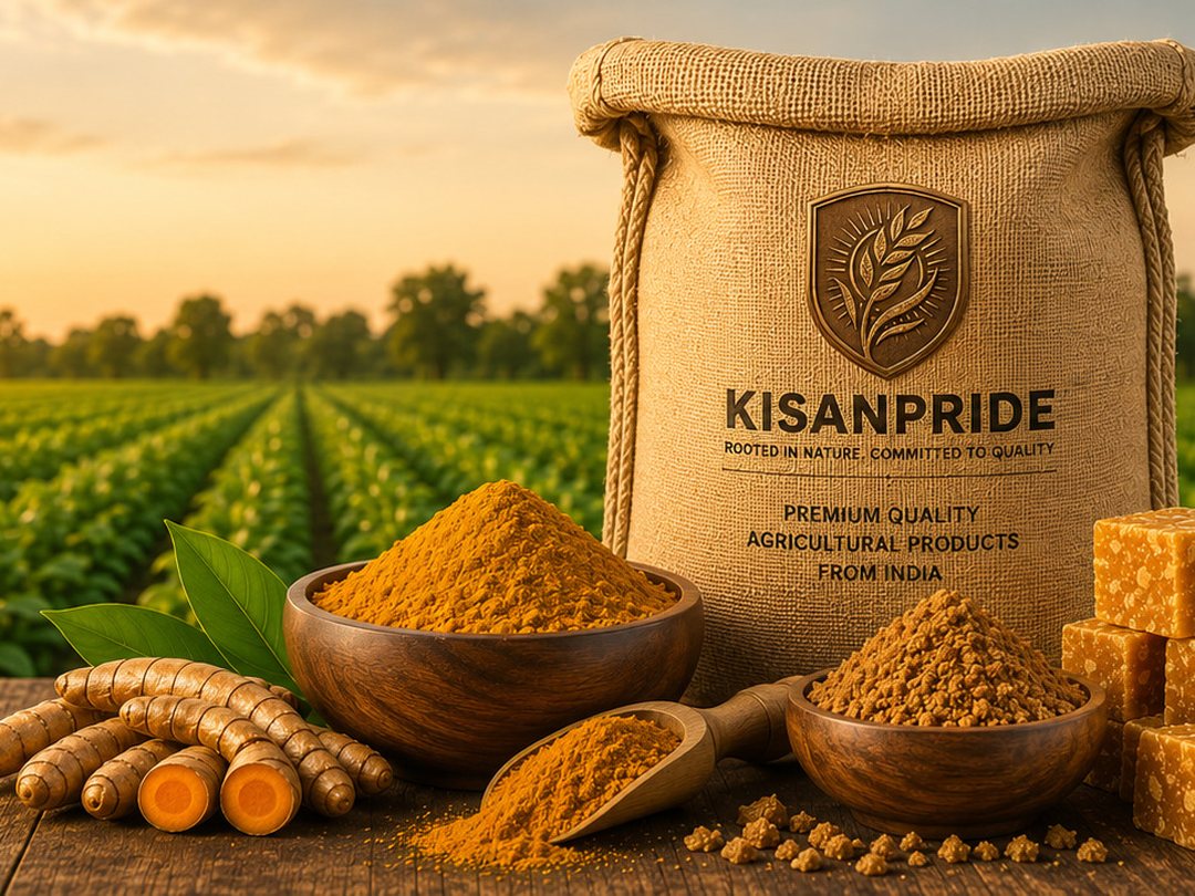 Turmeric powder, jaggery and a KisanPride sack on a wooden table with an Indian farm field behind
